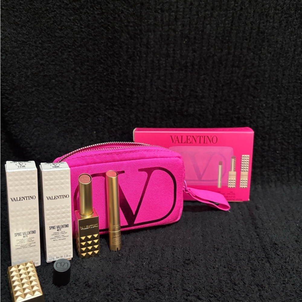 Valentino Hot Pink Cosmetic Pouch with Gold-Accent Lipstick Set